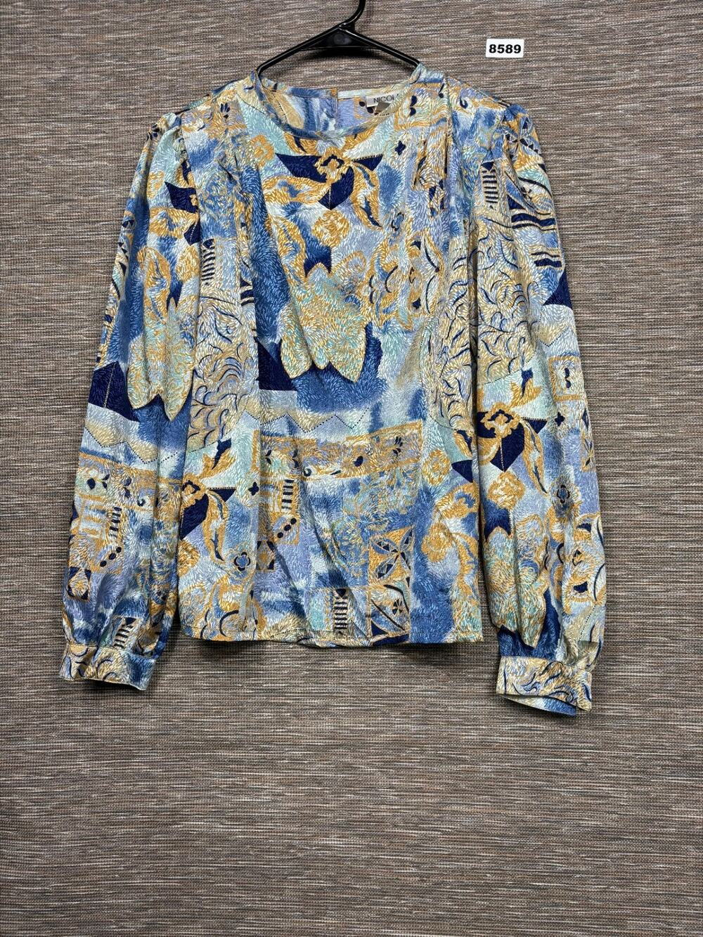 VTG Nicola Silky Floral Abstract Blouse Womens Size 10 Blue Multi Long Sleeve